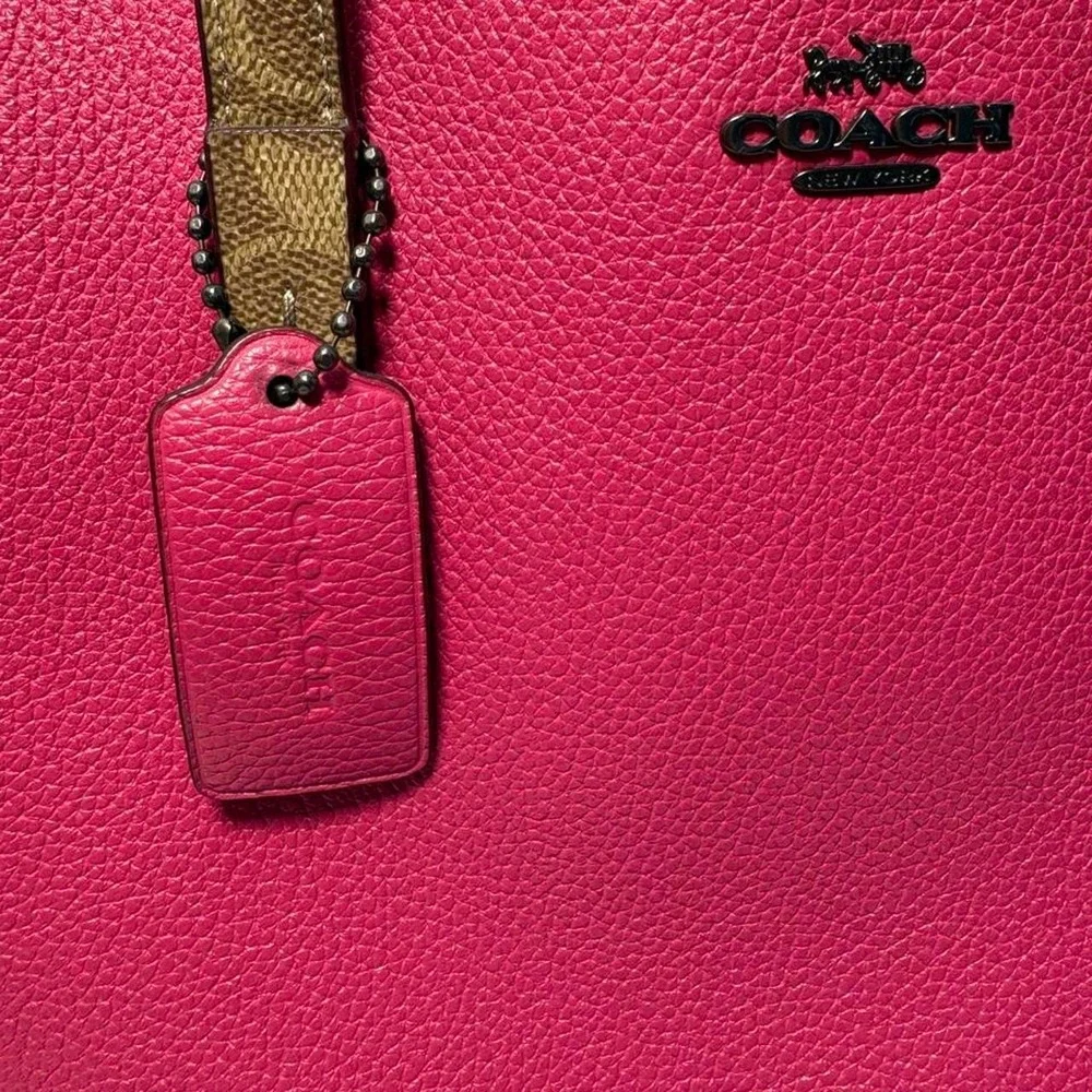 Coach Pink Pebbled Leather Tote Bag Brown Monogram Trim Red Interior 76073